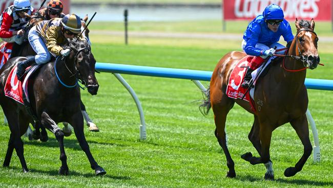 Party For Two (left) running second in the Blue Diamond Prelude last year. Picture: Vince Caligiuri/Getty Images