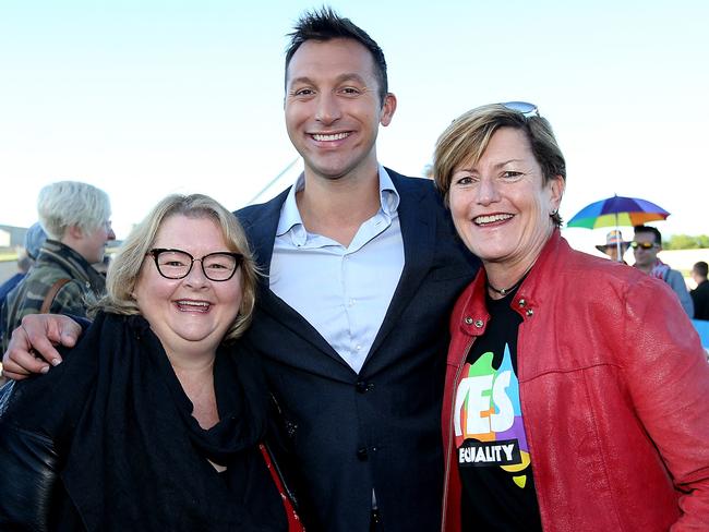 Marriage Equality Ambassadors Magda Szubanski, Ian Thorpe and Christine Forster on the Lawns of Parliament House in Canberra today. Picture Kym Smith