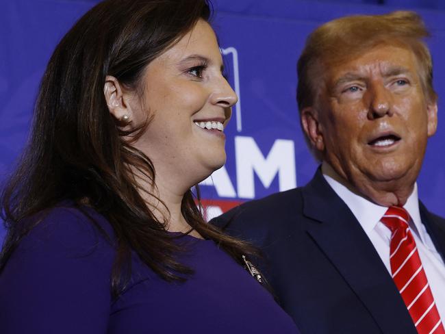 CONCORD, NEW HAMPSHIRE - JANUARY 19: Rep. Elise Stefanik (R-NY) (L) joins Republican presidential candidate and former President Donald Trump during a campaign rally at the Grappone Convention Center on January 19, 2024 in Concord, New Hampshire. New Hampshire voters will weigh in next week on the Republican nominating race with their first-in-the-nation primary, about one week after Trump's record-setting win in the Iowa caucuses. Former UN Ambassador and former South Carolina Gov. Nikki Haley is hoping for a strong second-place showing so to continue her campaign into Nevada and South Carolina.   Chip Somodevilla/Getty Images/AFP (Photo by CHIP SOMODEVILLA / GETTY IMAGES NORTH AMERICA / Getty Images via AFP)