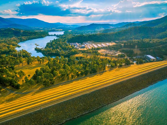 Aerial landscape of Eildon dam and Goulburn River at sunset