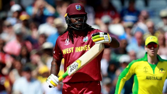 NOTTINGHAM, ENGLAND - JUNE 06:  Chris Gayle of the West Indies successfully looks for a revue after being given out LBW during the Group Stage match of the ICC Cricket World Cup 2019 between Australia and the West Indies at Trent Bridge on June 06, 2019 in Nottingham, England. (Photo by David Rogers/Getty Images)