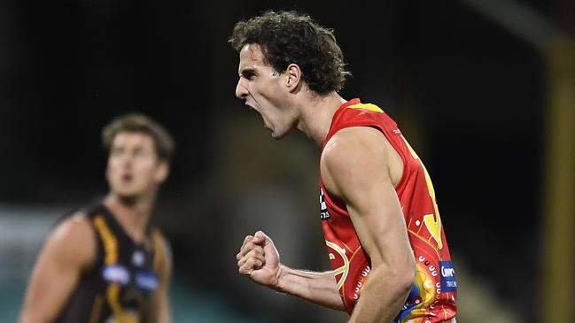 SYDNEY, AUSTRALIA - MAY 29: Ben King of the Suns celebrates after kicking a goal during the round 11 AFL match between the Gold Coast Suns and the Hawthorn Hawks at Sydney Cricket Ground on May 29, 2021 in Sydney, Australia. (Photo by Albert Perez/AFL Photos/via Getty Images)