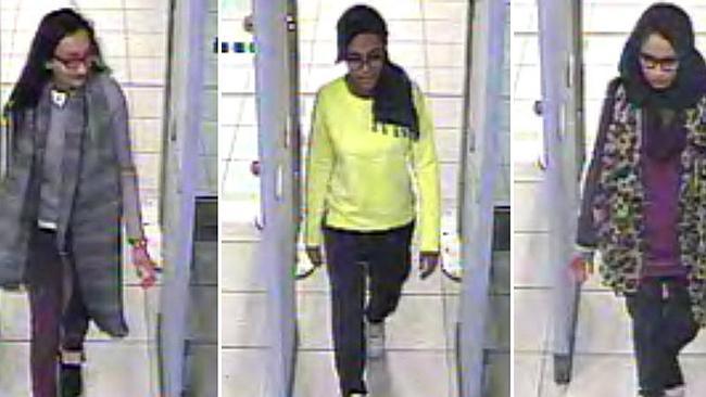 From left, British teenagers Kadiza Sultana, Amira Abase and Shamima Begum at the security barriers at Gatwick Airport in February en route to Istanbul and Syria.