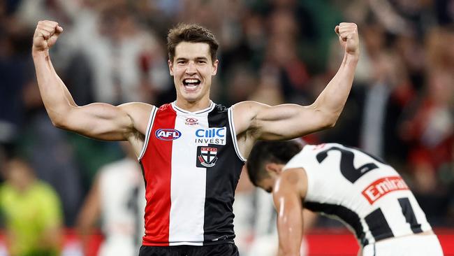 MELBOURNE, AUSTRALIA - MARCH 21: Liam Stocker of the Saints celebrates during the 2024 AFL Round 02 match between the St Kilda Saints and the Collingwood Magpies at the Melbourne Cricket Ground on March 21, 2024 in Melbourne, Australia. (Photo by Michael Willson/AFL Photos via Getty Images)