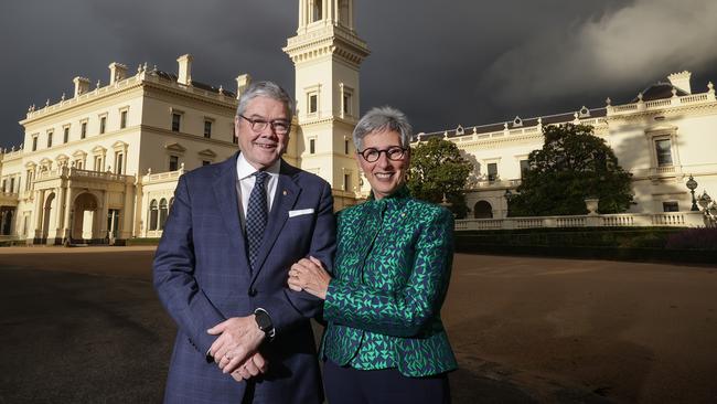 Victorian Governor Linda Dessau walks in the grounds with her husband Anthony Howard as they prepare to leave the grounds later this month. Picture: David Caird