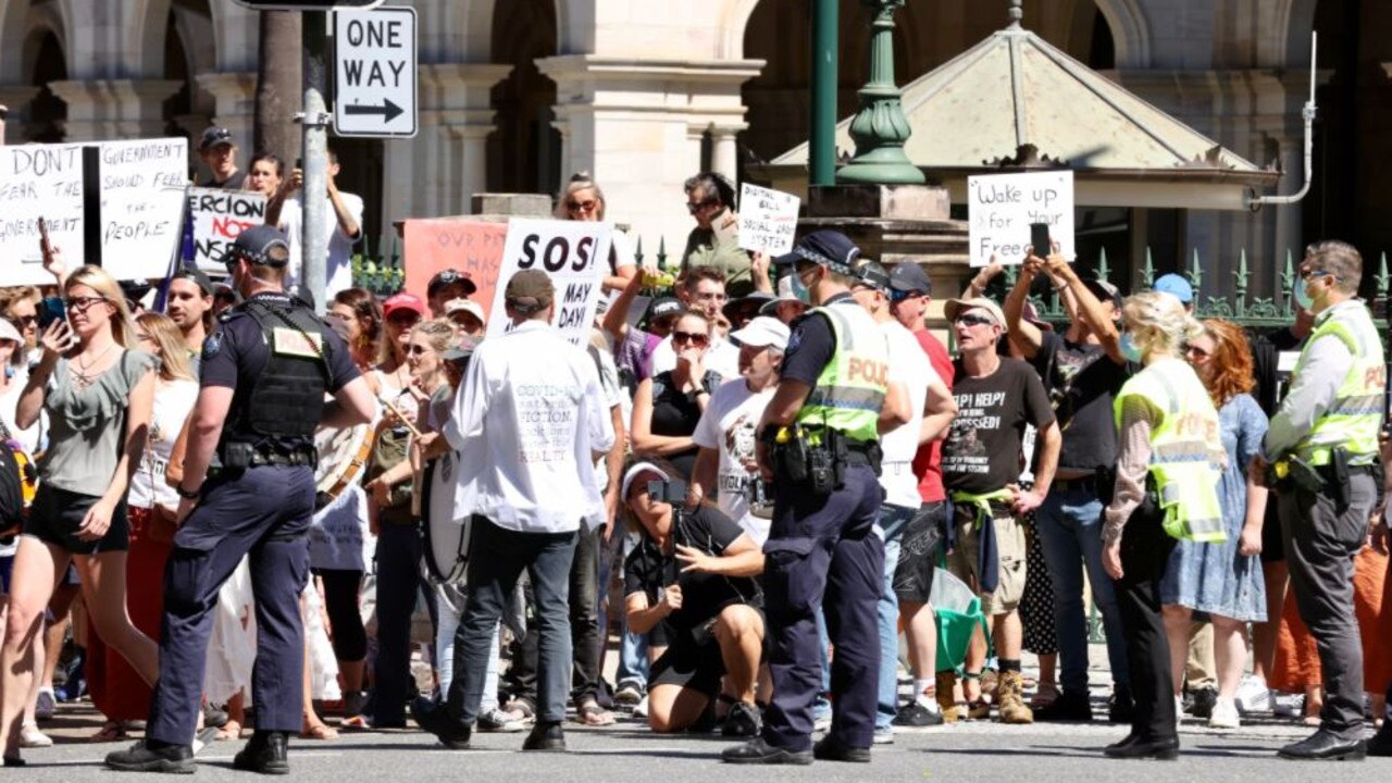 Covid protesters in Brisbane's CBD. Picture: Liam Kidston