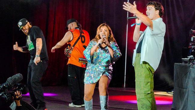 Homegrown Darwin star Jessica Mauboy performing with Indigenous hip hop supergroup 3% at the 20th anniversary edition of the National Indigenous Music Awards at Darwin Amphitheatre on August 10, 2024. Picture: Jayde Roxborough