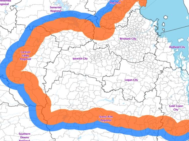 An updated fire ant map for the Gold Coast. The blue area is for surveillance, reaching near the Queensland-NSW border. The orange is for treatment.