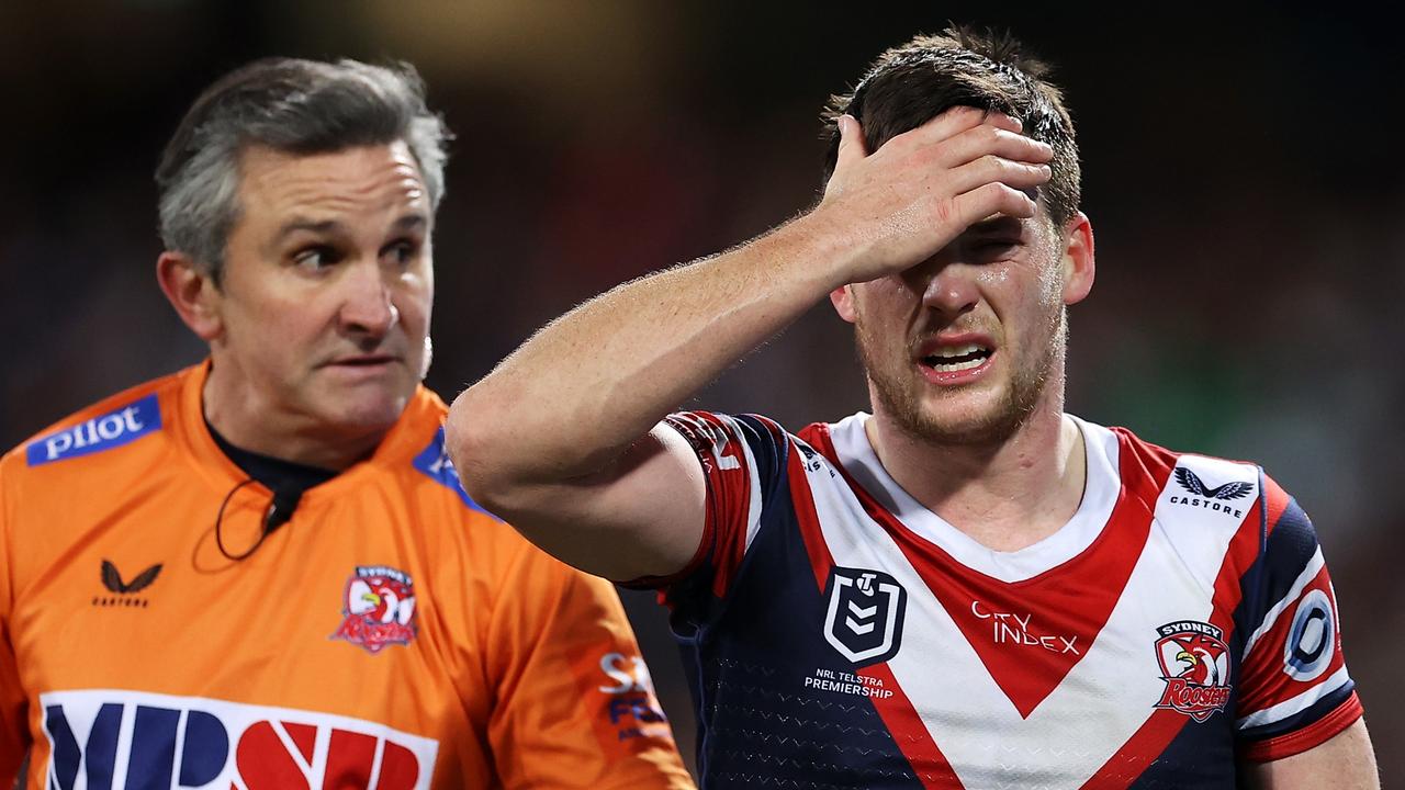 Luke Keary copped a head knock in the Roosters’ loss to the Storm. Picture: Mark Kolbe/Getty Images