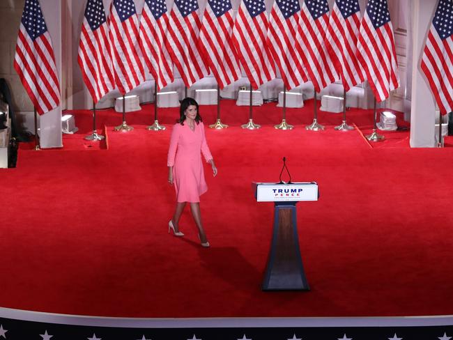 Nikki Haley takes to the podium in an empty Mellon Auditorium. Picture: AFP