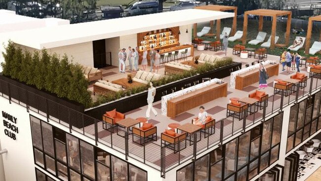 An artist impression of a cantilever rooftop bar at a Bali-inspired beach club in Manly. A concept development at the Manly waterslide park. Picture: Supplied.