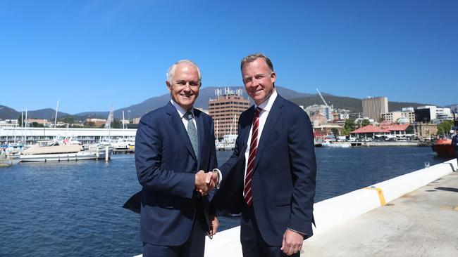 Former prime minister Malcolm Turnbull and Premier Will Hodgman at the announcement of the Hobart City Deal. Picture: LUKE BOWDEN