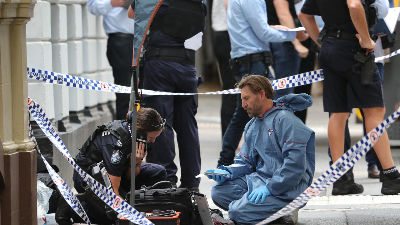 Police at the scene of a shooting in Mary Street in the Brisbane CBD. Pic Peter Wallis