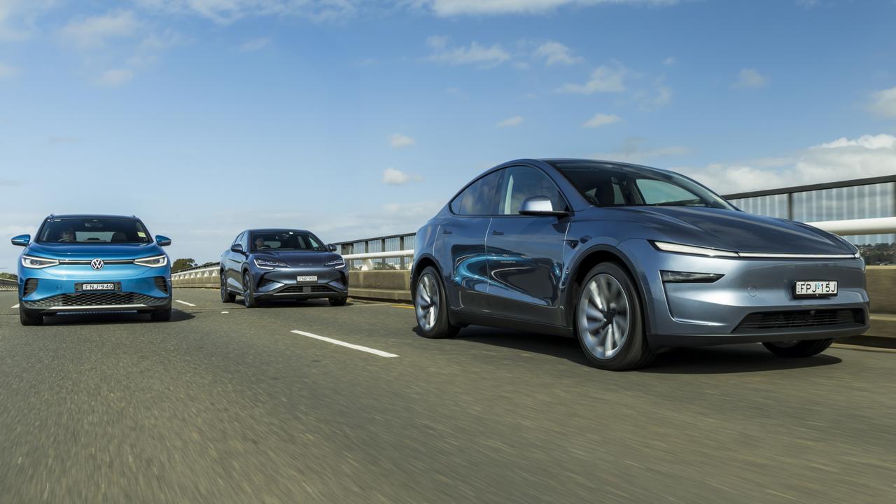 2025 Tesla Model Y, BYD Sealion 7 and Volkswagen ID. 4 Pro. Picture: Mark Bean