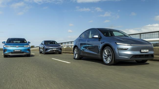2025 Tesla Model Y, BYD Sealion 7 and Volkswagen ID. 4 Pro. Picture: Mark Bean