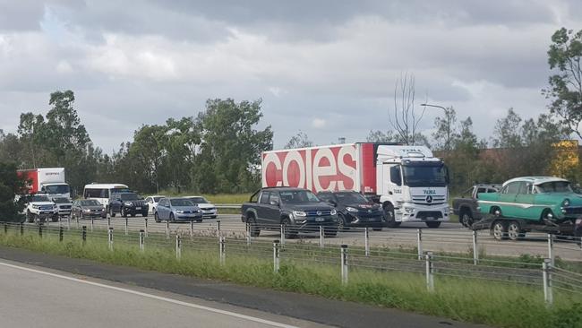 Traffic on the M1 on Friday February 4 after a serious crash involving a motorbike near Exit 57. Picture: Navarone Farrell.