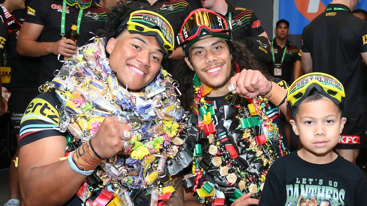 Brian To’o and Jarome Luai celebrate Penrith’s three-peat. (Photo by Bradley Kanaris/Getty Images)