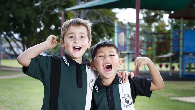 Caboolture State School prep students are back at school after COVID-19 restrictions are eased. Jackson and Jaxon are happy to be back at school. June 17, 2020. Picture: Renae Droop