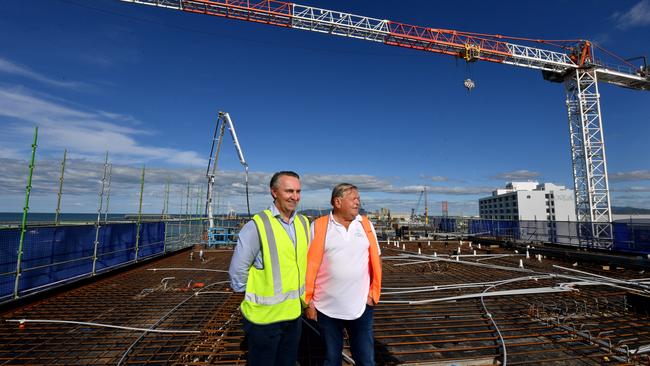 The Ville CEO Michael Jones and Morris Group executive chairman Chris Morris on the roof of Ardo. Picture: Evan Morgan