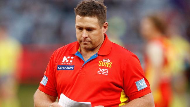 Stuart Dew has endured a tough first year in his role as Gold Coast Suns head coach. Picture: AAP