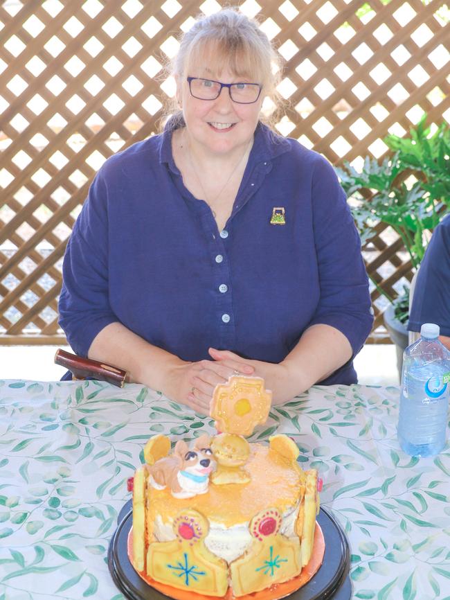 Jo Carroll with her mango meringue butter cream sponge in the celebrity bake off on day two of the Royal Darwin Show. Picture: Glenn Campbell