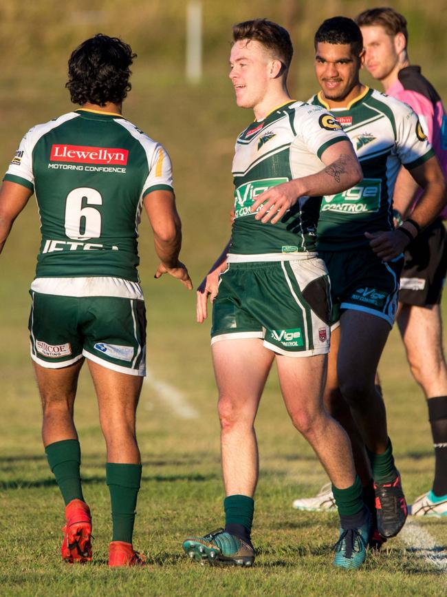 Ipswich Jets centre Sam Langbein celebrates one of his three tries against Swifts in the Rugby League Ipswich A-Grade match at Purga. Picture: Bruce Clayton