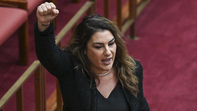 CANBERRA, AUSTRALIA, NewsWire Photos. JUNE 19, 2023: Senator Lidia Thorpe leaving the chamber as the Constitution Alteration (Aboriginal and Torres Strait Islander Voice) 2023 passes in the Senate at Parliament House in Canberra. Picture: NCA NewsWire / Martin Ollman