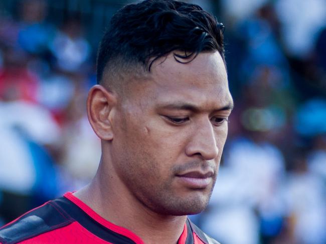 SUVA, FIJI - JULY 02: Israel Folau During of Tonga against Flying Fijian  during the World Rugby Pacific Nations 2022 match between Fiji and Tonga at HFC Stadium on July 2, 2022 in Suva, Fiji. (Photo by Pita Simpson/Getty Images)