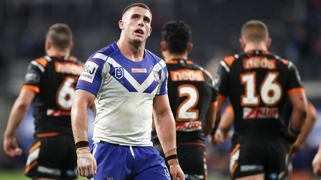 SYDNEY, AUSTRALIA - JUNE 28: Adam Elliott of the Bulldogs looks dejected after a Tigers try during the round seven NRL match between the Canterbury Bulldogs and the Wests Tigers at Bankwest Stadium on June 28, 2020 in Sydney, Australia. (Photo by Mark Kolbe/Getty Images)