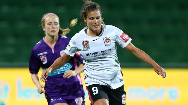 Katie Stengel of the Wanderers on the ball during the round one game against Perth Glory.