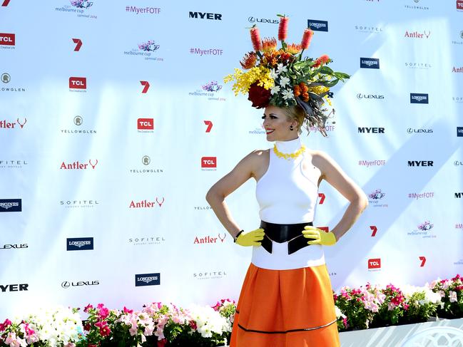 Leanne Symes all dressed up at Flemington Racecourse on Melbourne Cup Day 2014. Picture: Stephen Harman