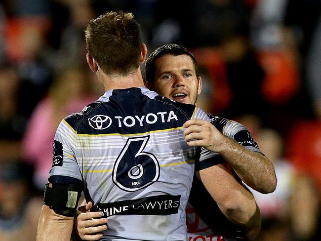 Michael Morgan and Lachlan Coote all smiles after beating the Panthers. Picture Gregg Porteous