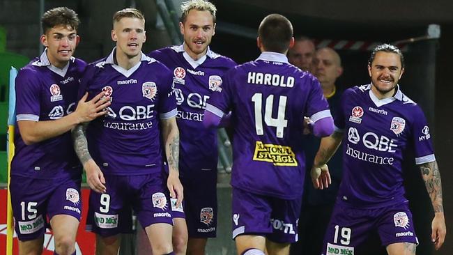 Andy Keogh of the Glory celebrates one of his goals. (Photo by Michael Dodge/Getty Images)