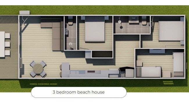 The floor plan of the three-bedroom beach house at Merry Beach. Picture: Supplied.