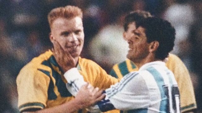 Robbie Slater and Diego Maradona at Sydney Football Stadium in 1993.