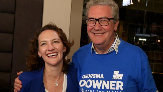 Unsuccessful Mayo candidate Georgina Downer, with her father, Alexander Downer. Picture: AAP / Kelly Barnes