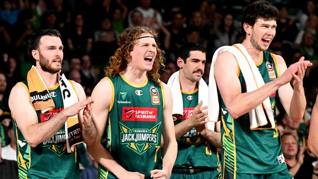 JackJumpers bench cheer during the round 7 NBL match between Tasmania Jackjumpers and New Zealand Breakers. (Photo by Steve Bell/Getty Images)