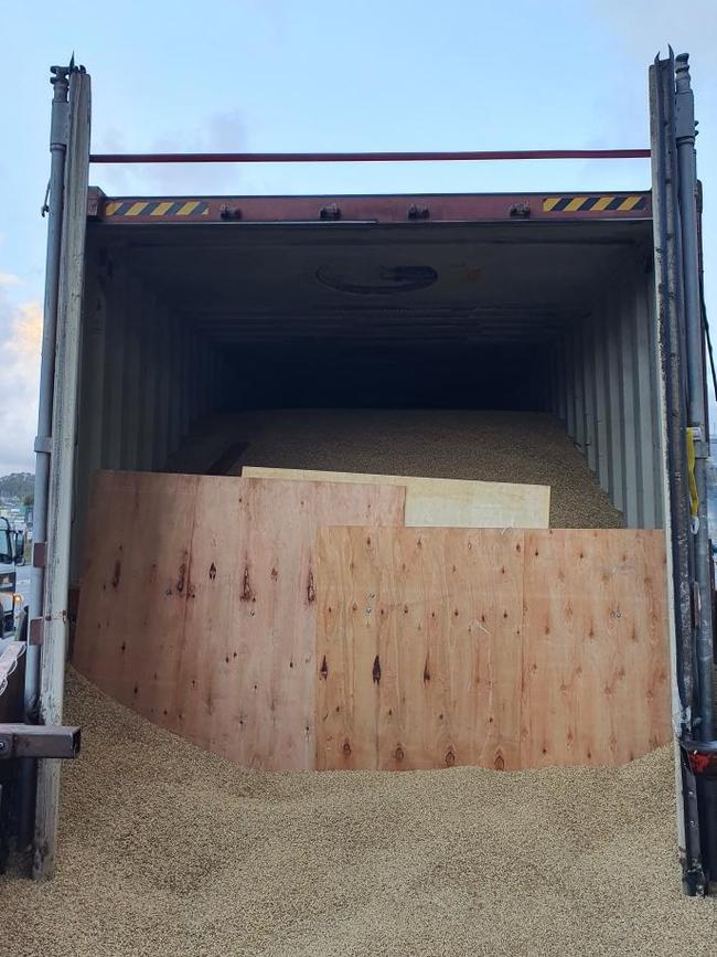 The truck in which the driver was crushed at Tasmanian Stockfeed Service's Devonport silos.