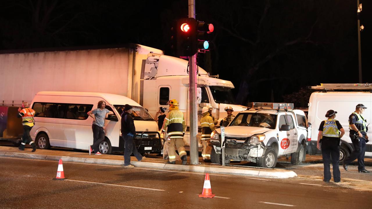 Truck, cars, cyclist in crash near South Eastern freeway, Glen Osmond