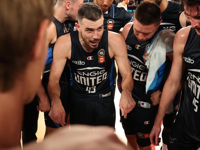 Chris Goulding addresses his Melbourne United teammates after a win against South East Melbourne. Picture: Getty Images