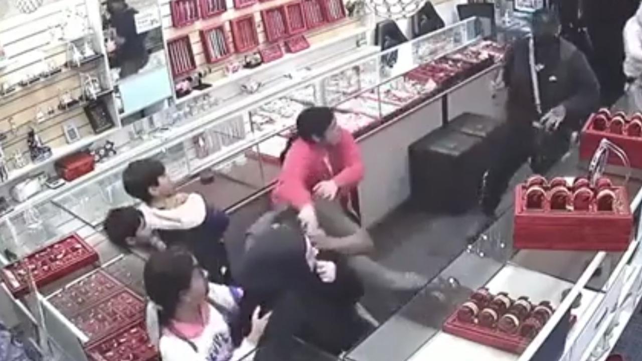 CCTV footage showed young children screaming and hiding as the robbers bludgeoned Gurdeep and eventually stole several trays of jewellery. Picture: Reddit