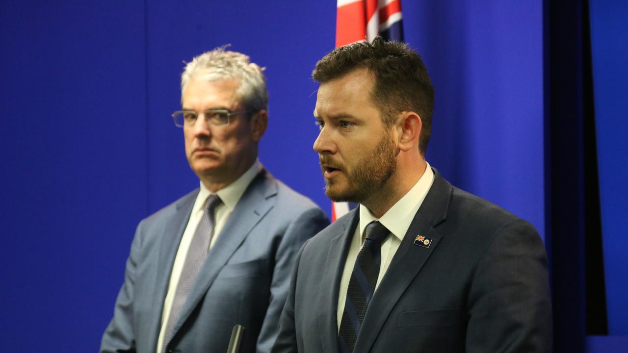 Tasracing chair Gene Phair and Racing Minister Felix Ellis speak to the media at the Executive Building in Hoabrt on Wednesday, January 31, 2024.