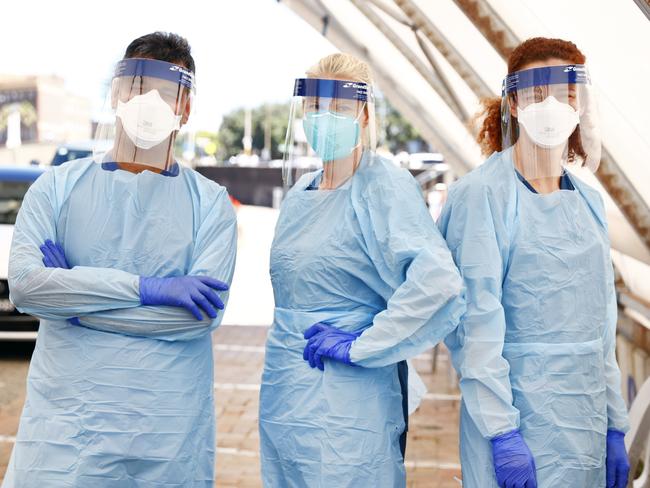 Swab collector Abishek Adhikari, team leader Julie McGrath and registered nurse Simone Wagner are the superstars saving lives on the frontline. Picture: Richard Dobson