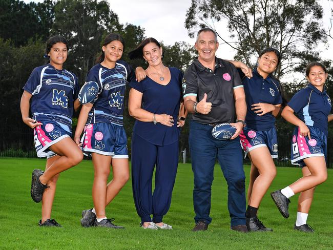 Kassidie Davis, Myami Matthews, Sue and Lloyd Clarke with Deihan Lelilio-Sali and Ziggy Watson at Mable Park state high school.Thursday May 26, 2022. Picture, John Gass