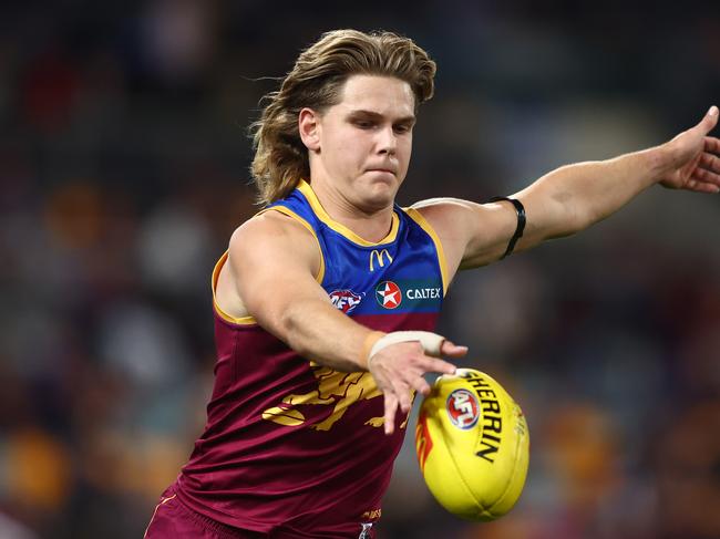 BRISBANE, AUSTRALIA - JUNE 29: Will Ashcroft of the Lions kicks during the round 16 AFL match between Brisbane Lions and Richmond Tigers at The Gabba, on June 29, 2023, in Brisbane, Australia. (Photo by Chris Hyde/AFL Photos/via Getty Images)