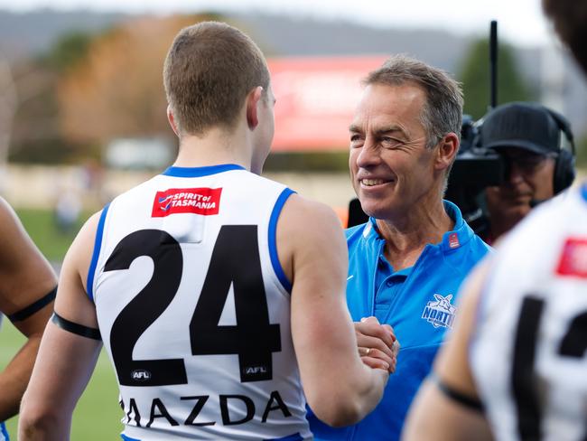 HOBART, AUSTRALIA - AUGUST 26: Alastair Clarkson, Senior Coach of the Kangaroos is seen during the 2023 AFL Round 24 match between the North Melbourne Kangaroos and the Gold Coast SUNS at Blundstone Arena on August 26, 2023 in Hobart, Australia. (Photo by Dylan Burns/AFL Photos via Getty Images)