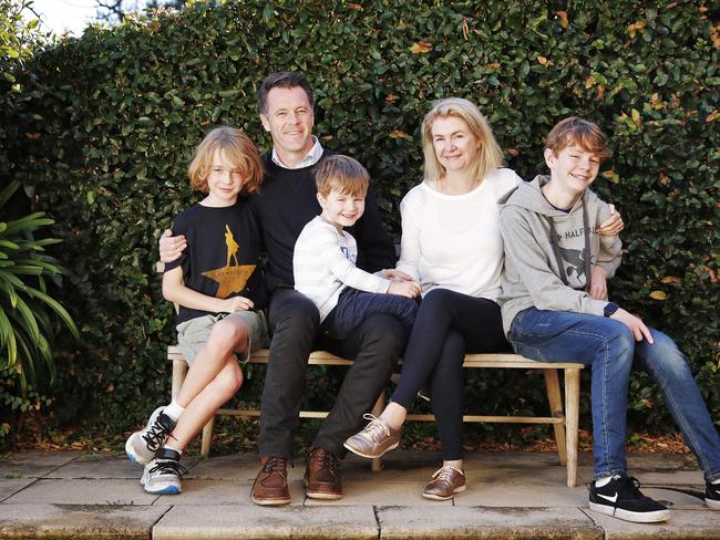 Family man Chris Minns pictured at home with wife Anna and the kids. The relationship has survived despite Chris’ terrible cooking! Picture: Sam Ruttyn