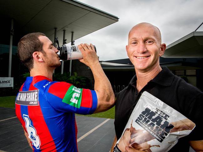 Newcastle Knights captain Jarrod Mullen with a new sponsor The Man Shake owner Adam McDougall at Knights headquarters in Mayfield, 26th February 2016.Picture: Ryan Osland