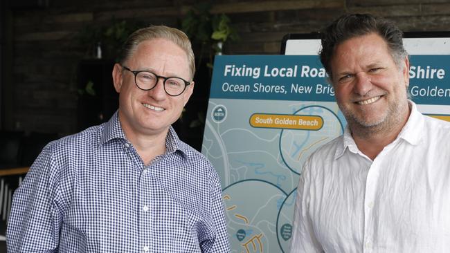 Nationals MLC Ben Franklin and outgoing Byron mayor Simon Richardson at Ocean Shores Country Club on Friday, April 30, 2021. Picture: Liana Boss