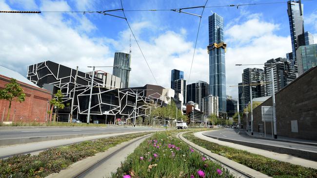 An empty Southbank Boulevard at South Melbourne on Thursday. Picture: Andrew Henshaw